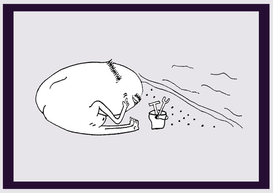 HOMME DANS LE SABLE. Imprimer. Édition ouverte. Premiers dessins de l'artiste. Redimensionné numériquement. (Réf.Og. SOR100V01. Premiers dessins. Stylo sur papier)